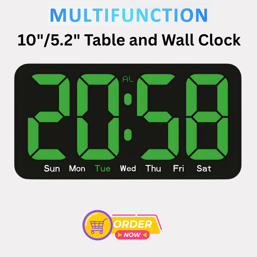 10 Inh Digital LED Alarm Clock with Snooze Function For Table Stand Or Wall Hanging, Brightness Level Adjustable, Sound Control Backlight