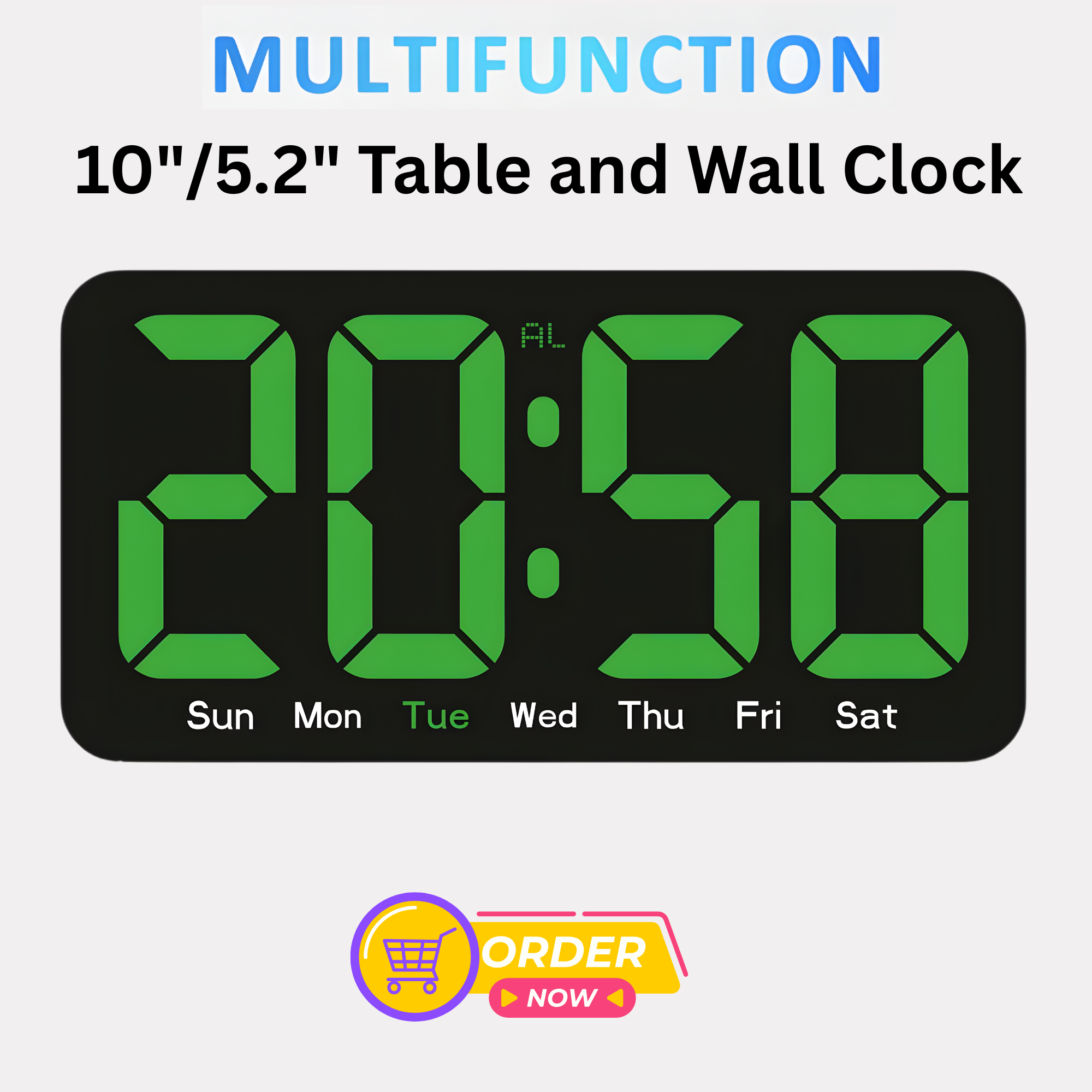 10 Inh Digital LED Alarm Clock with Snooze Function For Table Stand Or Wall Hanging, Brightness Level Adjustable, Sound Control Backlight