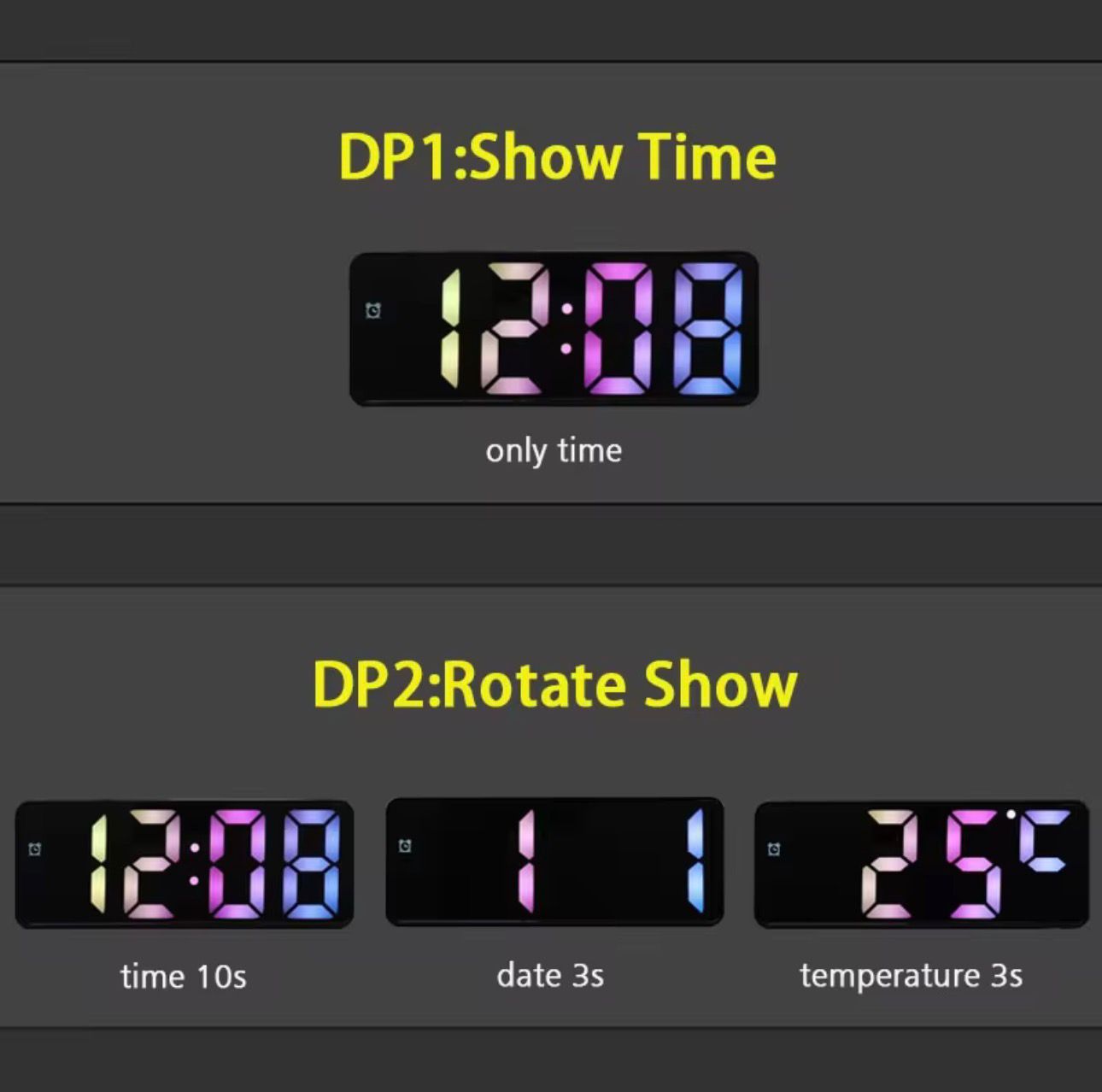6.2 Inh Desktop/Table Alarms Clock with Time, , Temperature RGB Colour